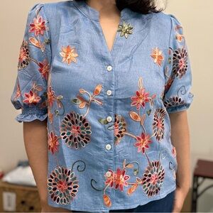 Embroidered Blue Floral Women's Top